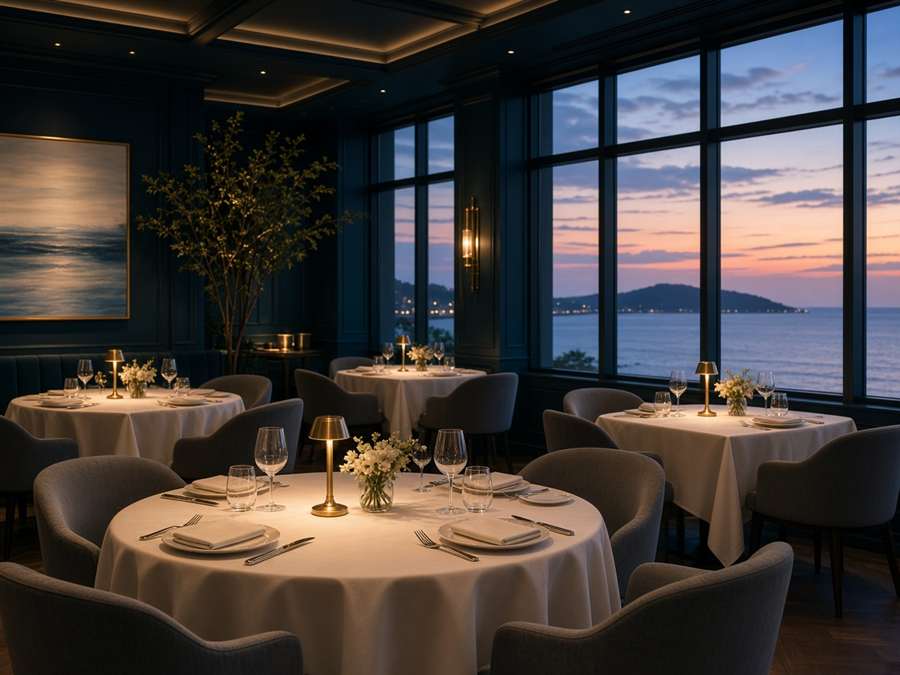 Salle de restaurant TidalNights au crépuscule avec vue sur l'eau