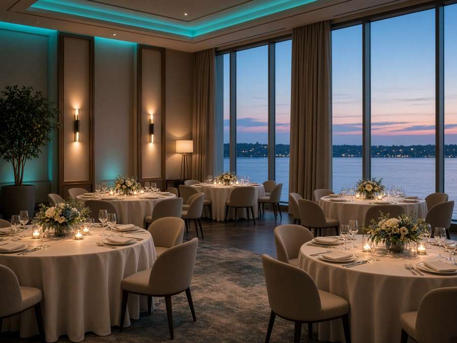 Espace événementiel avec vue sur l'eau au crépuscule